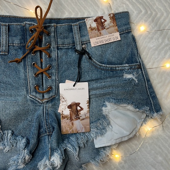 NEW! Sincerely Jules Lace Up Low Rise Distressed Shorts - Picture 3 of 10